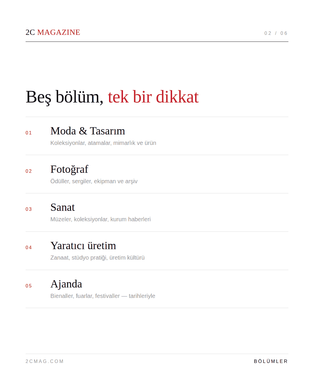 Derginin beş bölümü listeleniyor: Moda ve Tasarım, Fotoğraf, Sanat, Yaratıcı üretim, Ajanda; her birinin kapsamı birer satırla.